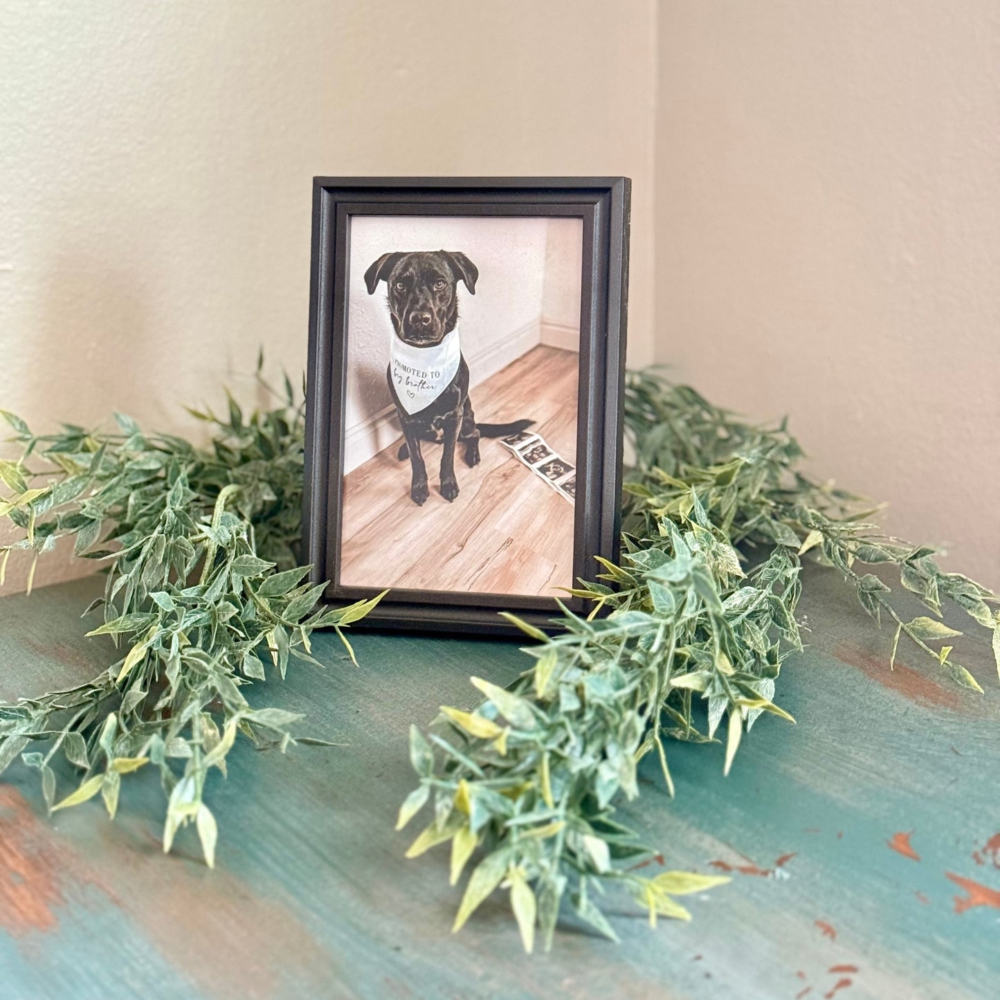 Black Picture Frame with Italian Ruscus Garland - Picture Perfect Rentals Wichita, KS Tabletop Decor Rentals