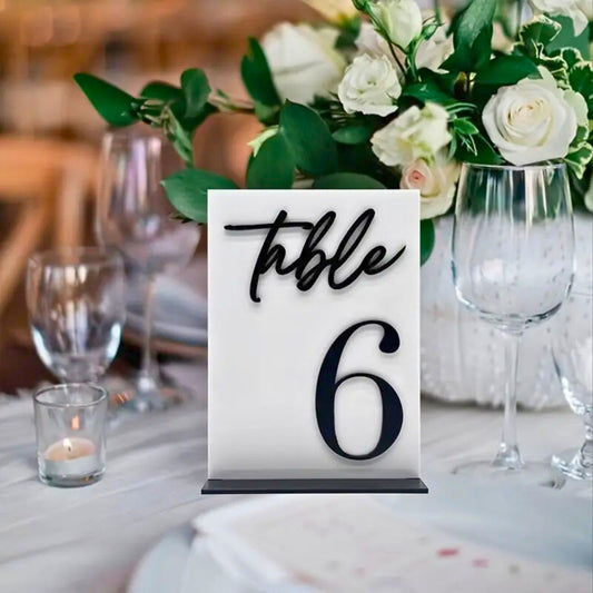Black & White Elegant Acrylic Table Number Showcasing Table Number 6 - Picture Perfect Rentals Event Rental Company located in Wichita, KS