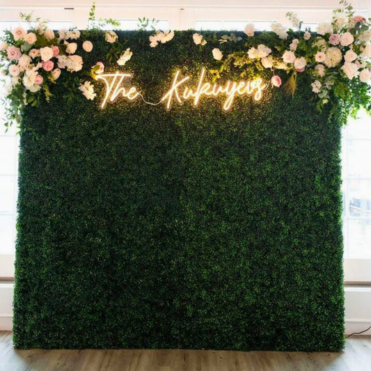 Boxwood Greenery Wall for Rent being used as a backdrop for a wedding. - Picture Perfect Rentals ICT Event Rental Company