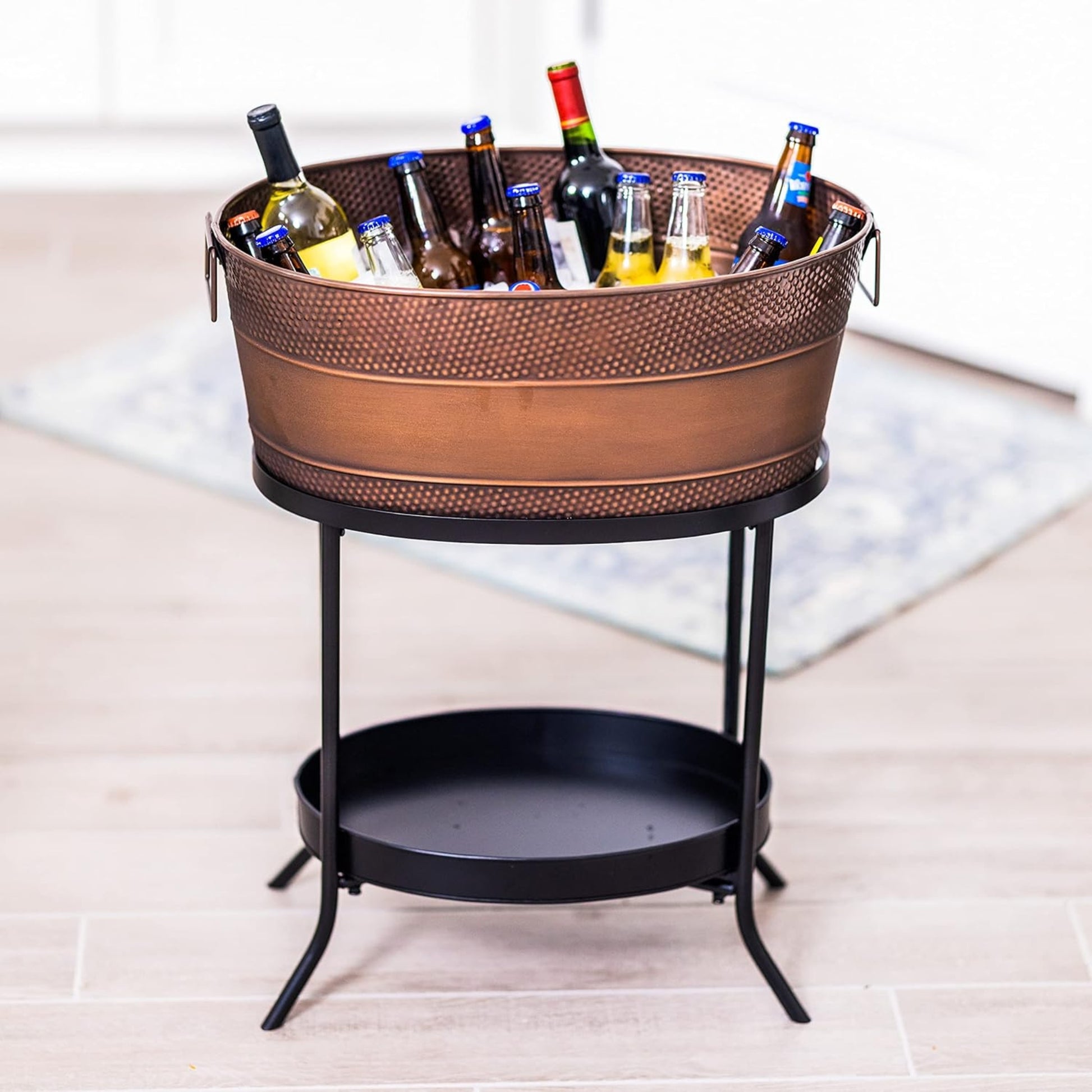 Copper Beverage Bin with Stand featuring beers for an event for Rent - Picture Perfect Rental