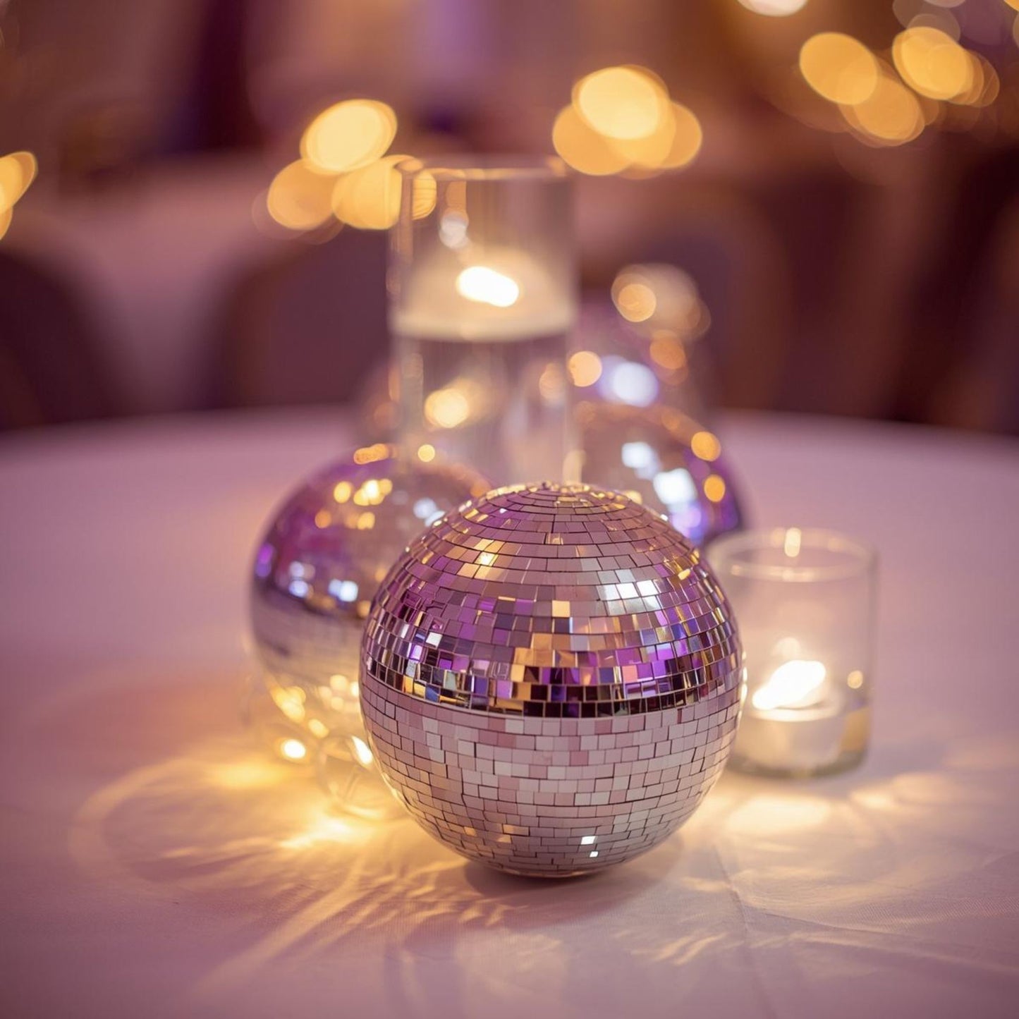 Two disco balls as event tabletop decor - Picture Perfect Rentals