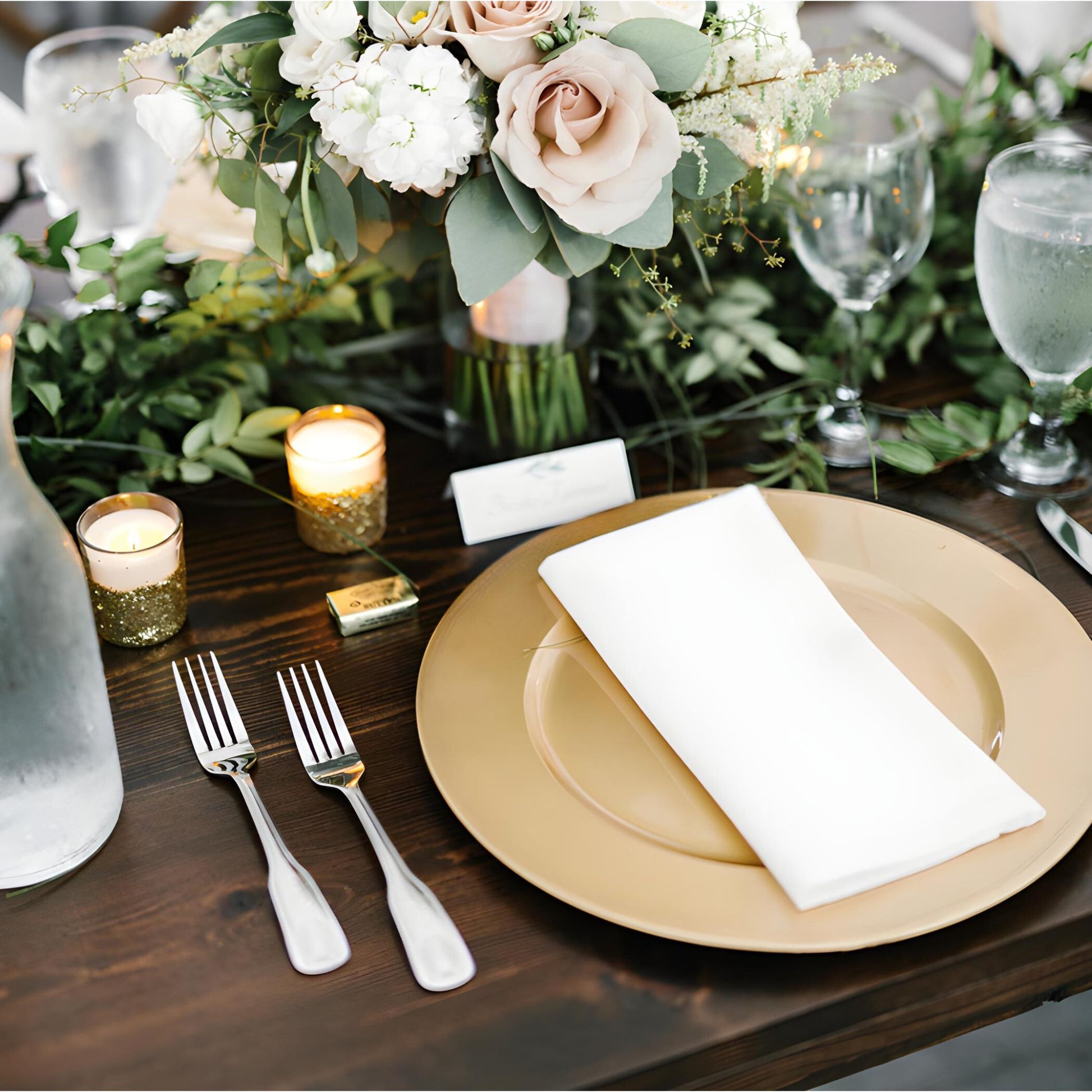 Gold Chargers at a decorated place setting - Picture Perfect Rentals Wedding and Event Rental Decor in Wichita Ks