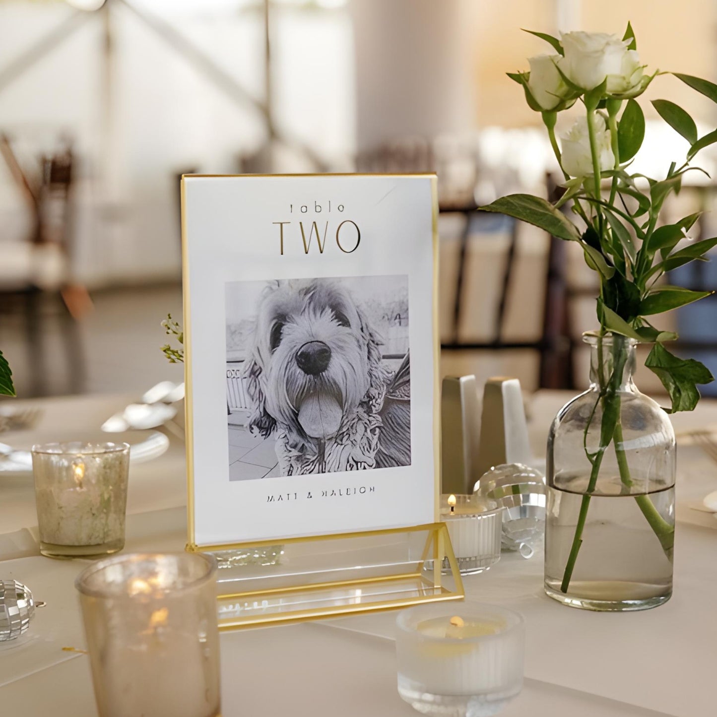 Acrylic gold 5x7 picture frame showcasing a table number and the wedding couples dog - Picture Perfect Rentals