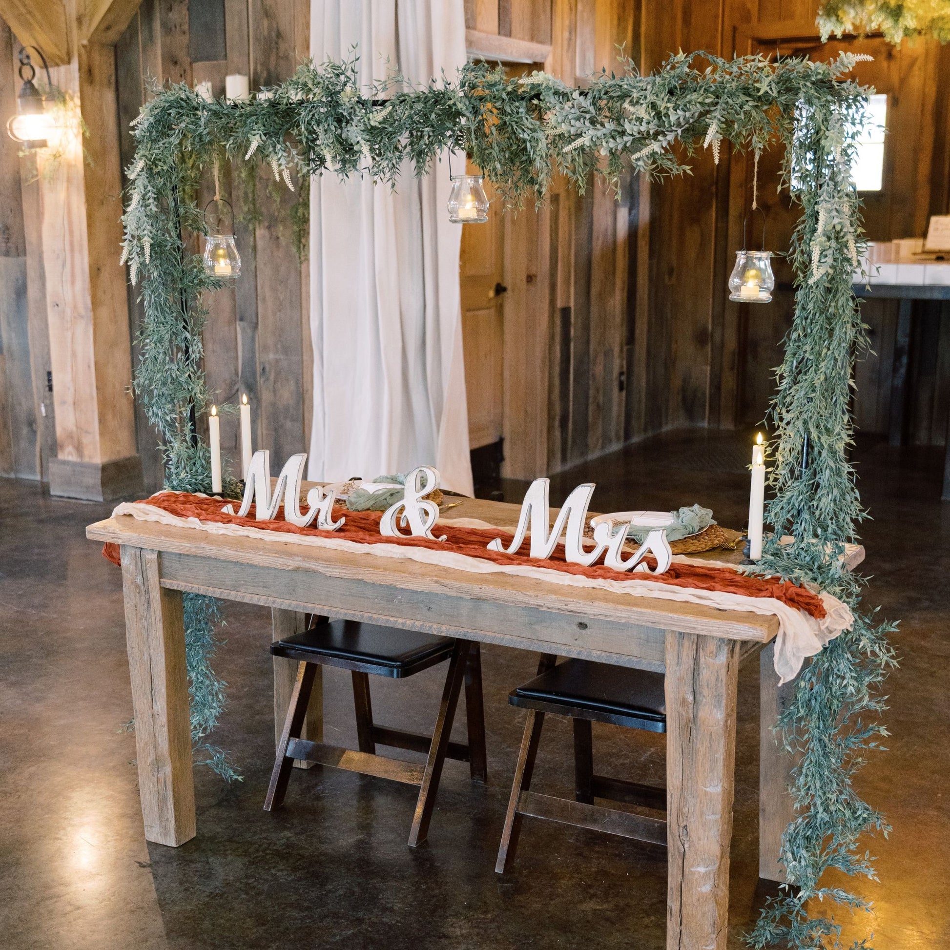 Mr. & Mrs. White Distressed Wood Sign and Overhead Table Rod for Sweetheart Table Rental - Picture Perfect Rentals