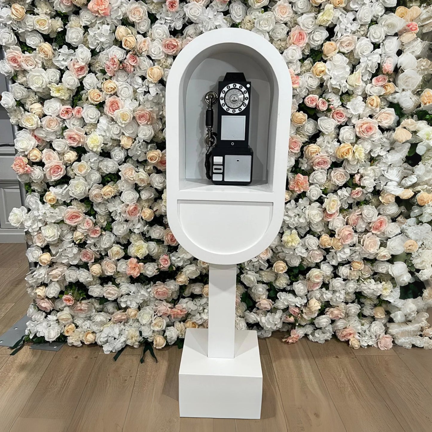 White wood phone booth stand for an audio guest book rental - Picture Perfect Rentals audio guestbook for rent in Wichita, KS