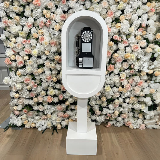 White wood phone booth stand for an audio guest book rental - Picture Perfect Rentals audio guestbook for rent in Wichita, KS