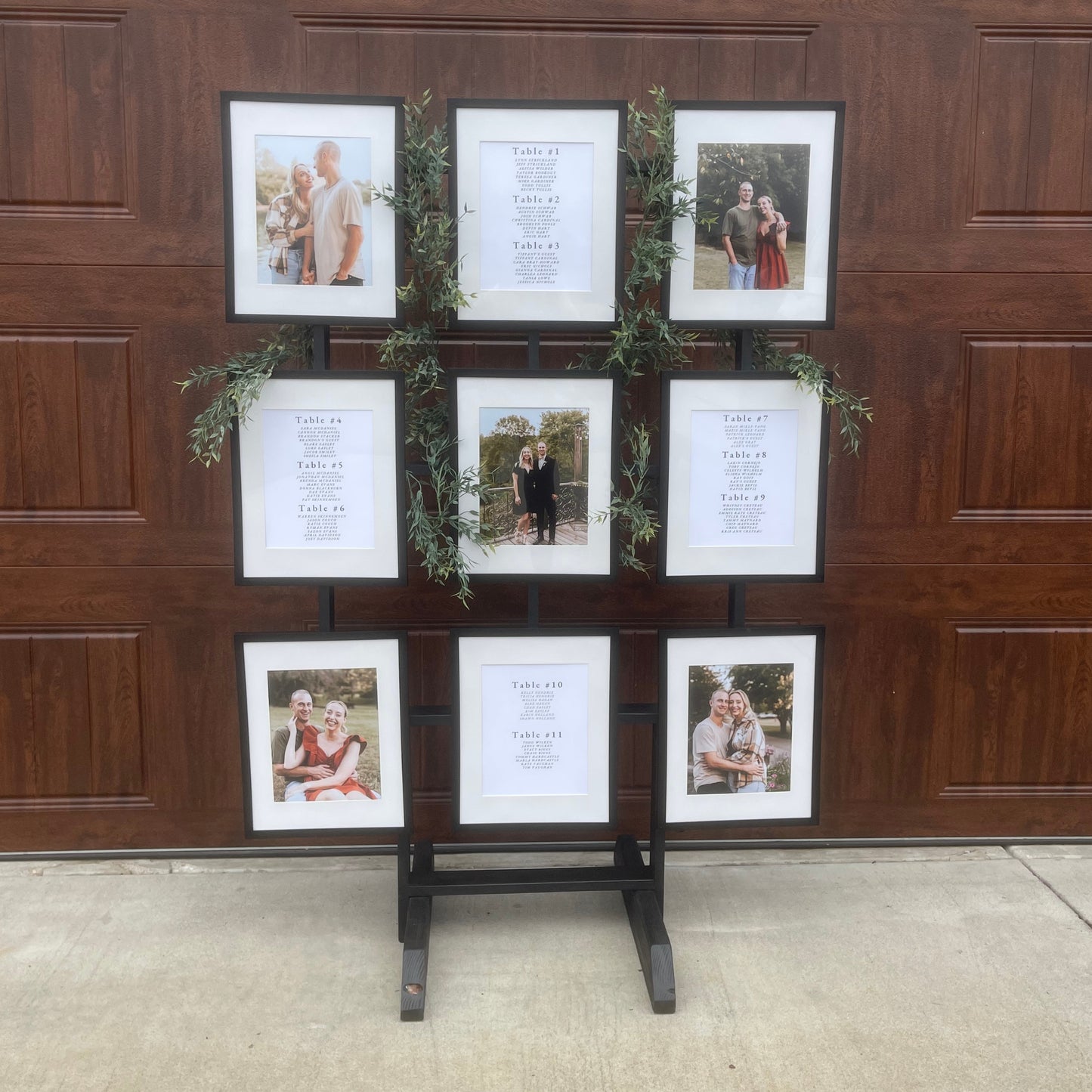 Wood Picture Frame holder displaying a seating chart and pictures of the couple as a party rental - Picture Perfect Rentals