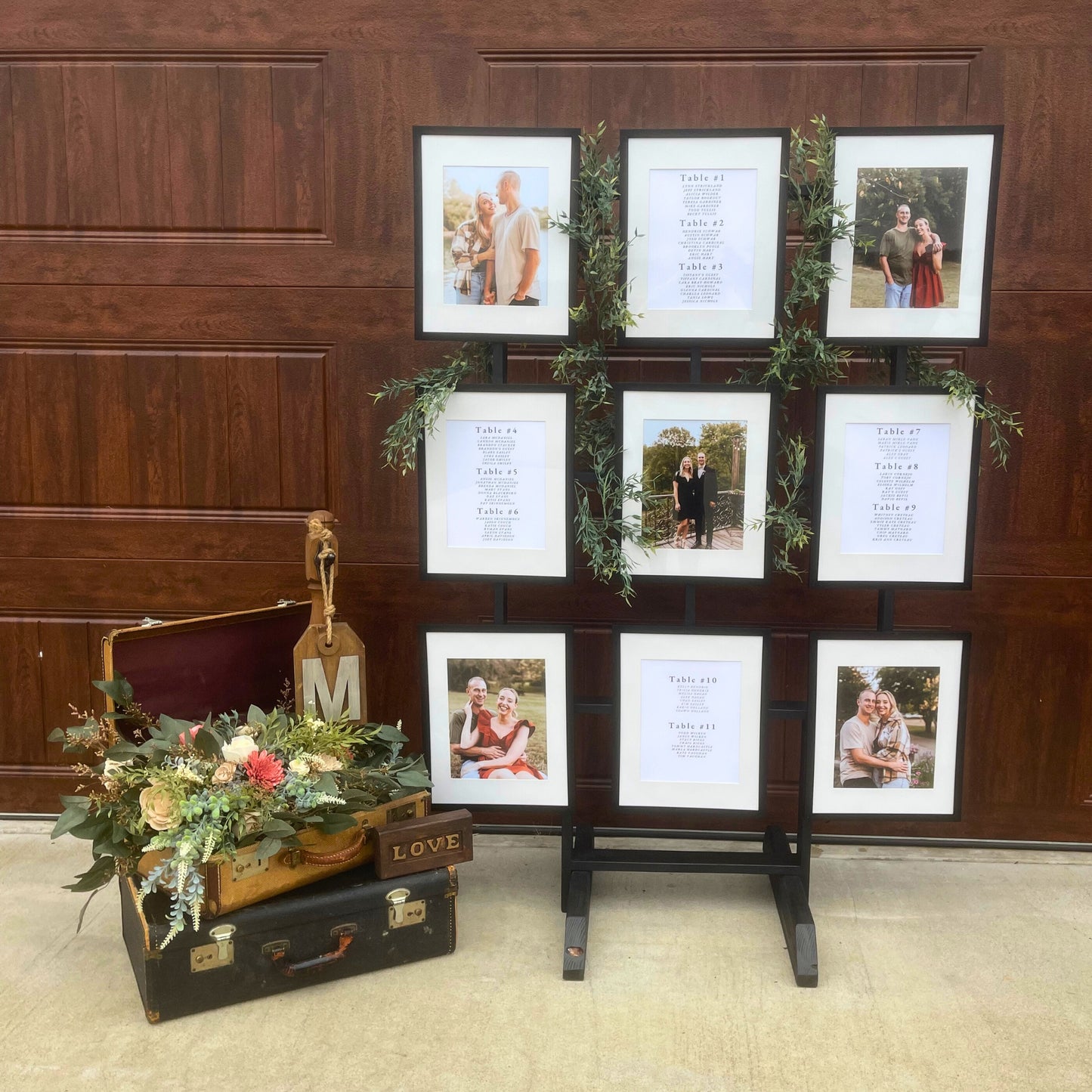 Wood Picture Frame holder displaying a seating chart and pictures of the couple - Picture Perfect Rentals