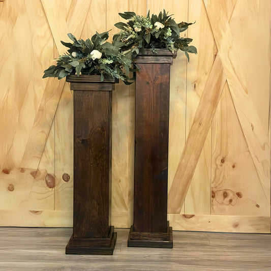 Stained Pedestals that will add a rustic look to an event. - Picture Perfect Rentals Wedding Event Rentals in Wichita, KS