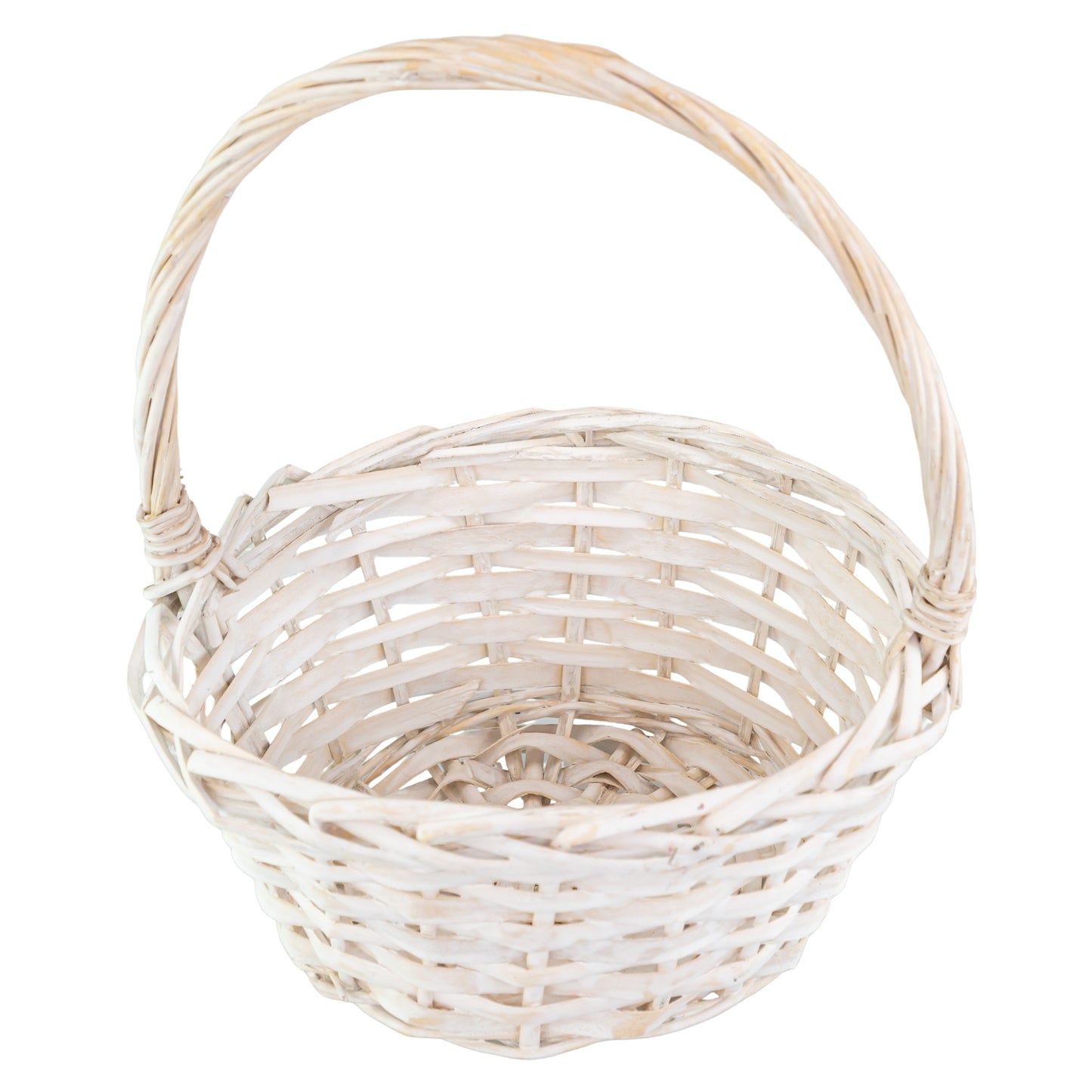 White Wicker Flower Girl Basket on a white background high angle, wedding rentals in Wichita, Kansas - Picture Perfect Rentals