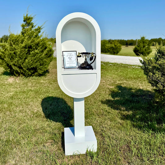 White wood phone booth stand for an audio guest book rental - Picture Perfect Rentals audio guestbook for rent in Wichita, KS