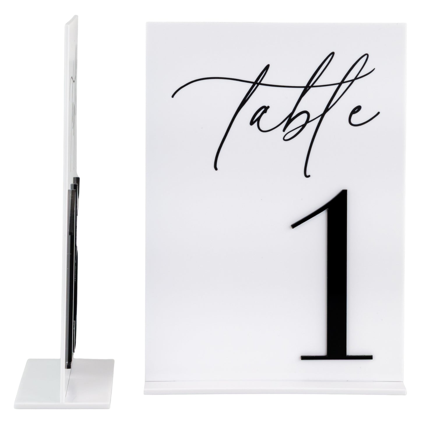 Black & White Acrylic Table Numbers wedding rentals in Wichita Kansas, studio photo side angle - Picture Perfect Rentals 
