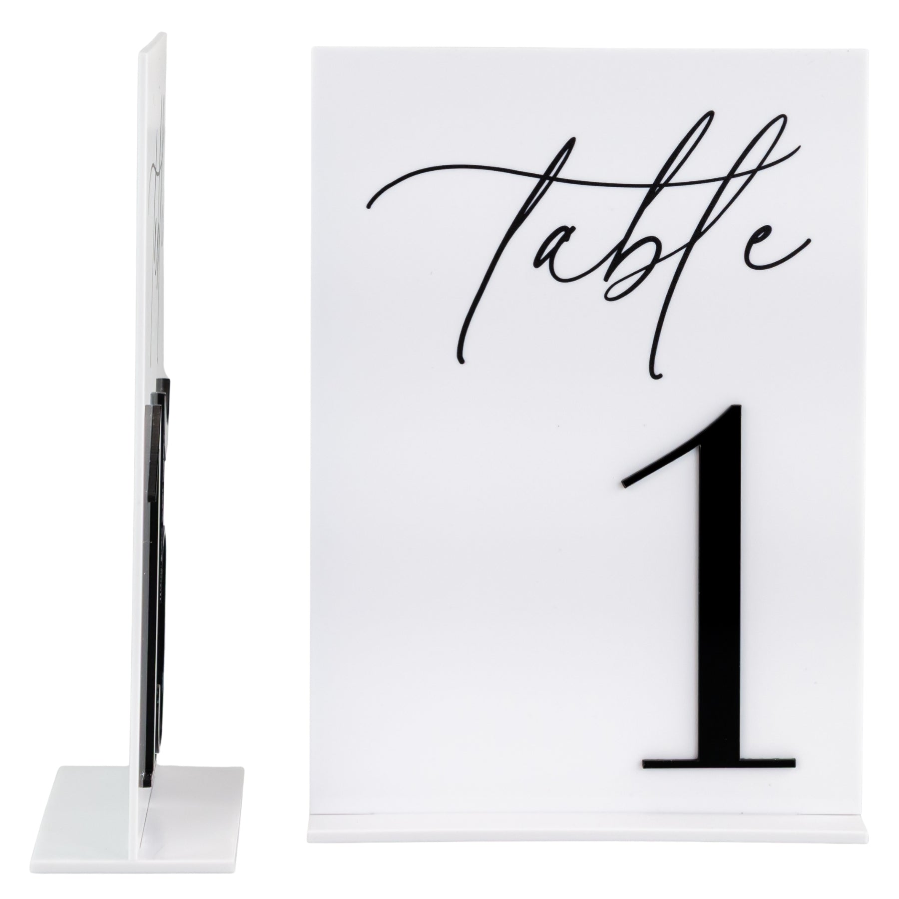 Black & White Acrylic Table Numbers wedding rentals in Wichita Kansas, studio photo side angle - Picture Perfect Rentals 