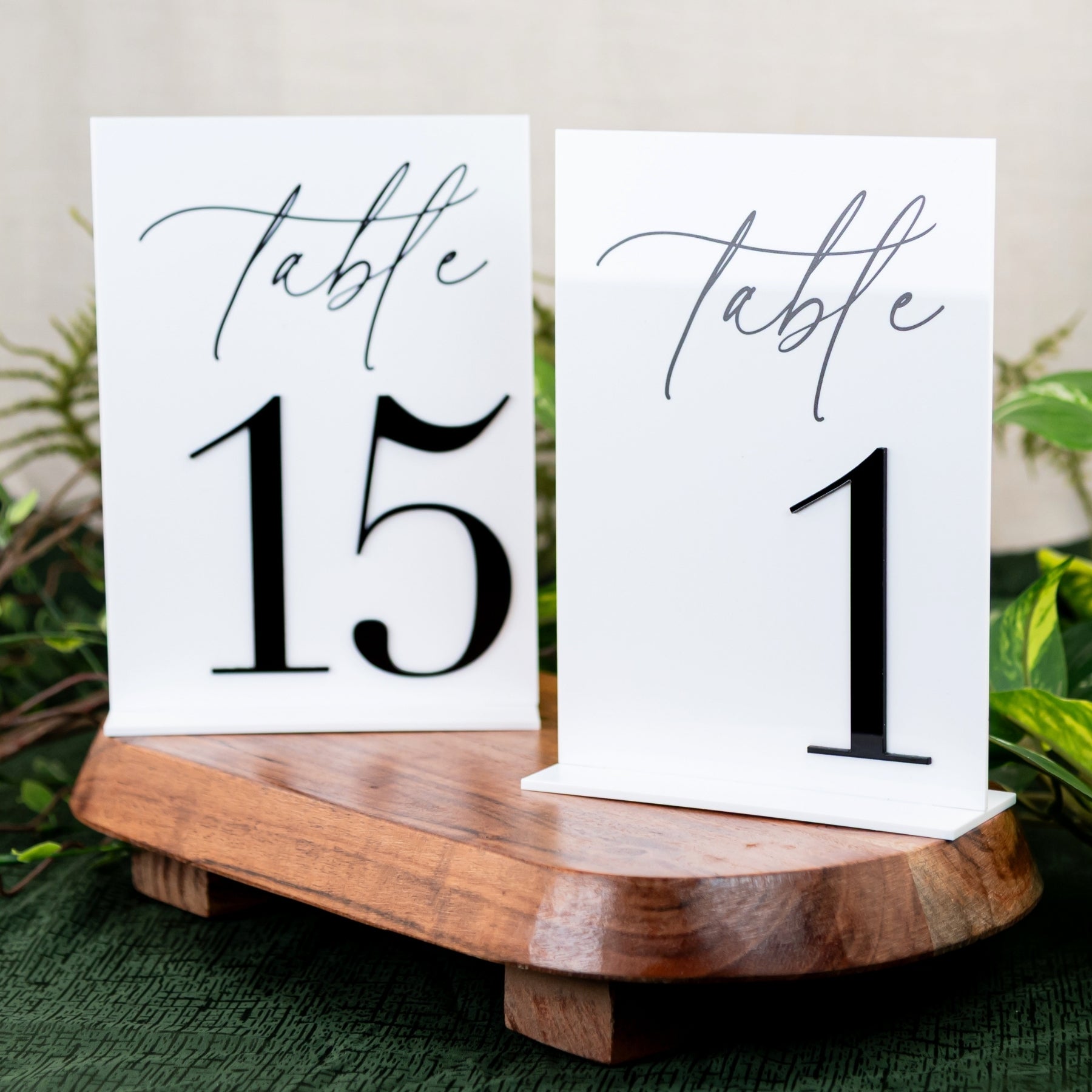 Black & White Acrylic Table Numbers wedding rentals in Wichita Kansas elegant style - Picture Perfect Rentals 