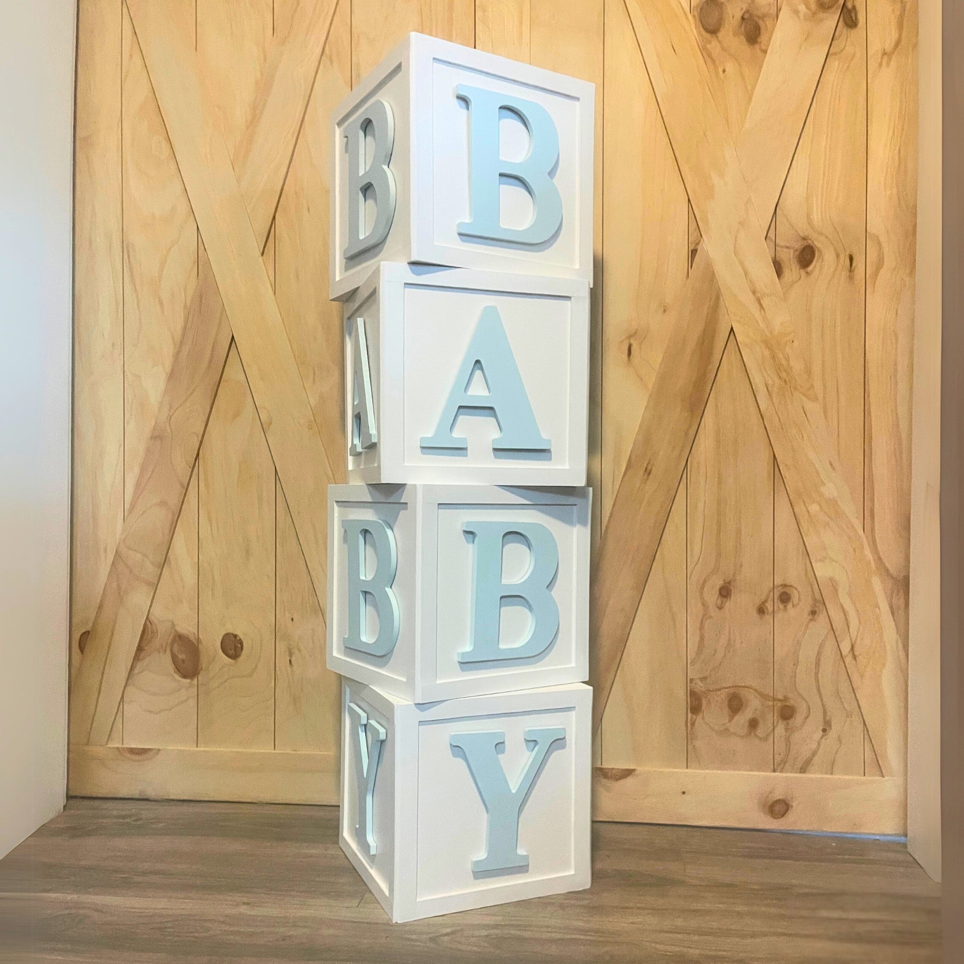 Baby Boy wood blocks as backdrop decor for rent - Picture Perfect Rentals
