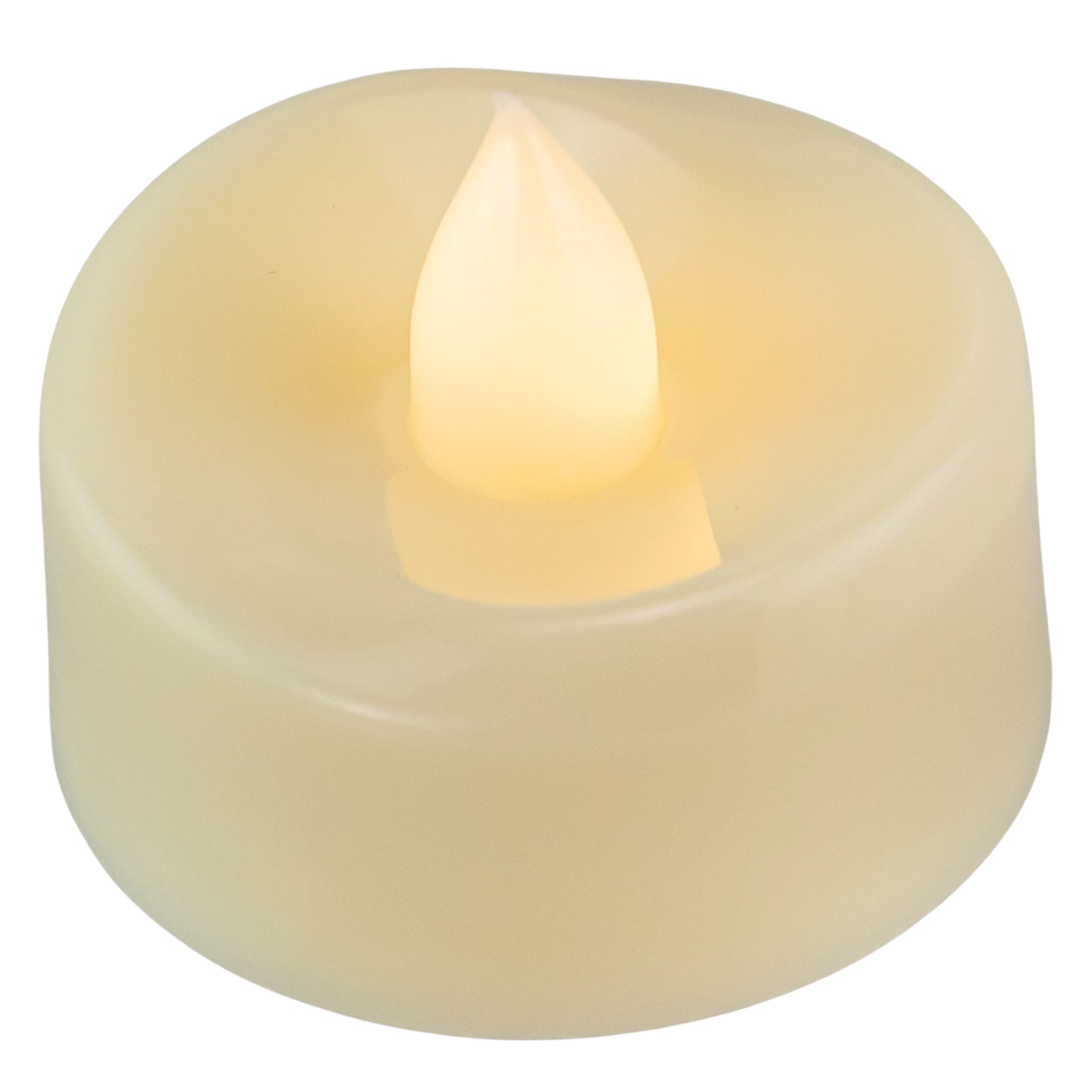 Flameless Tea Light Candle wedding rentals in Wichita, Kansas. Candle on a white background, high angle - Picture Perfect Rentals 
