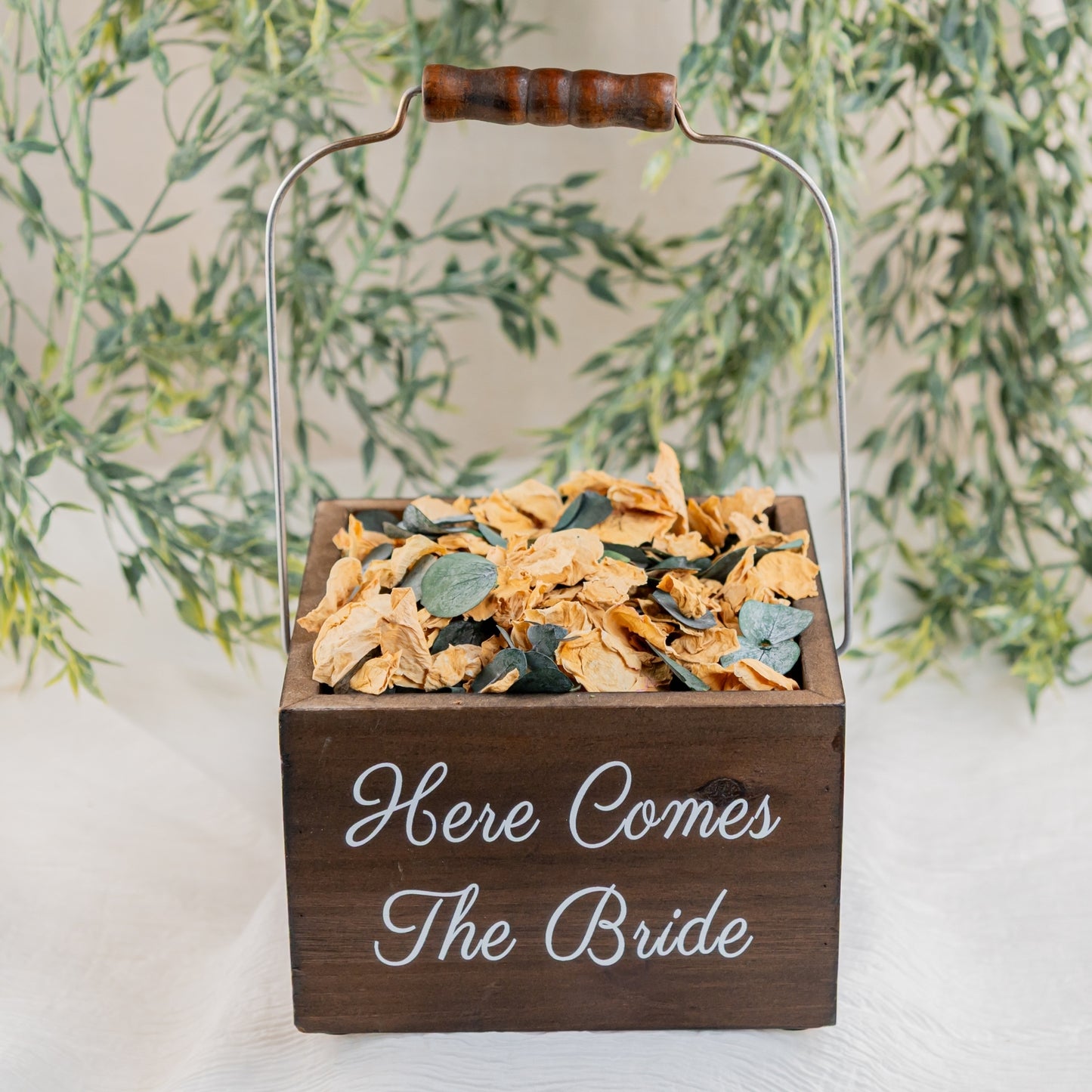 Flower Girl Wood Box wedding event rentals in Wichita, Kansas. Front angle - Picture Perfect Rentals 