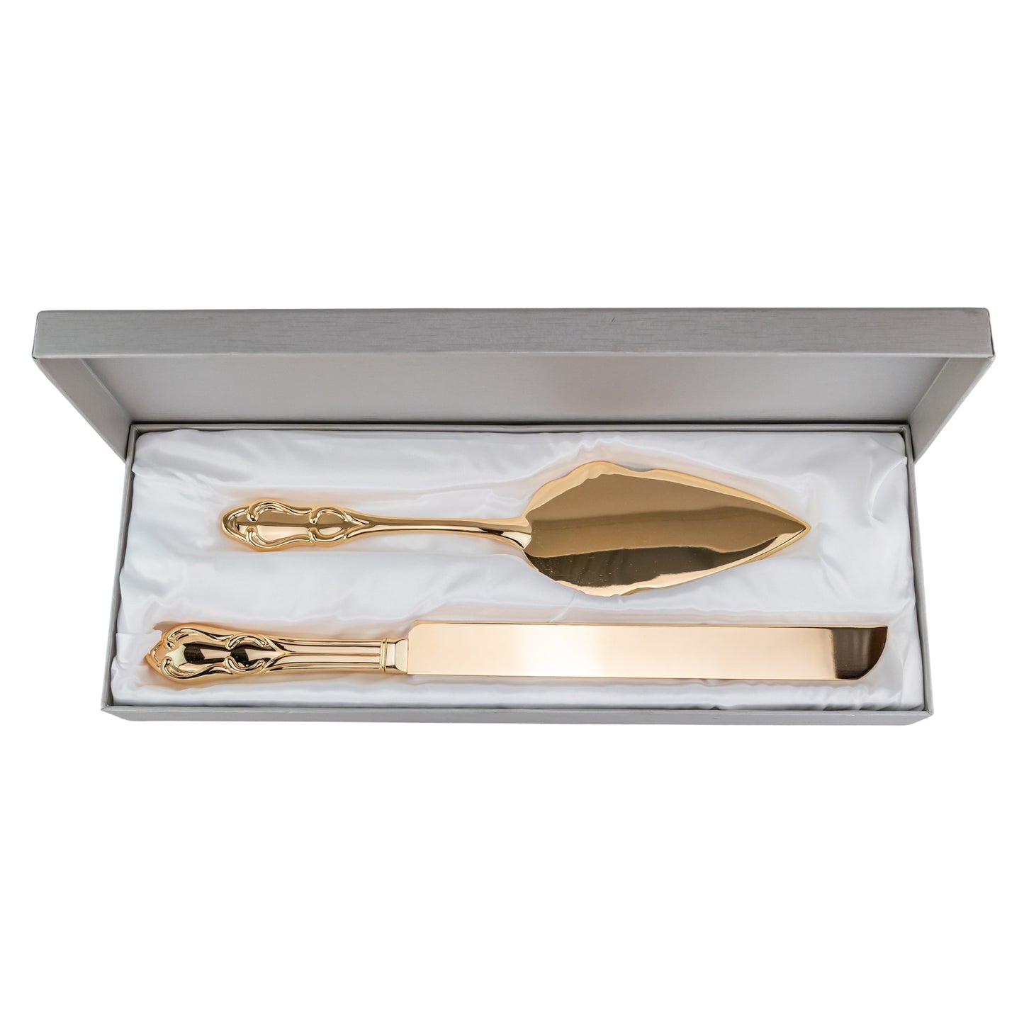 Gold Cake Cutting Set on a white background, wedding rentals in Wichita, Kansas - Picture Perfect Rentals