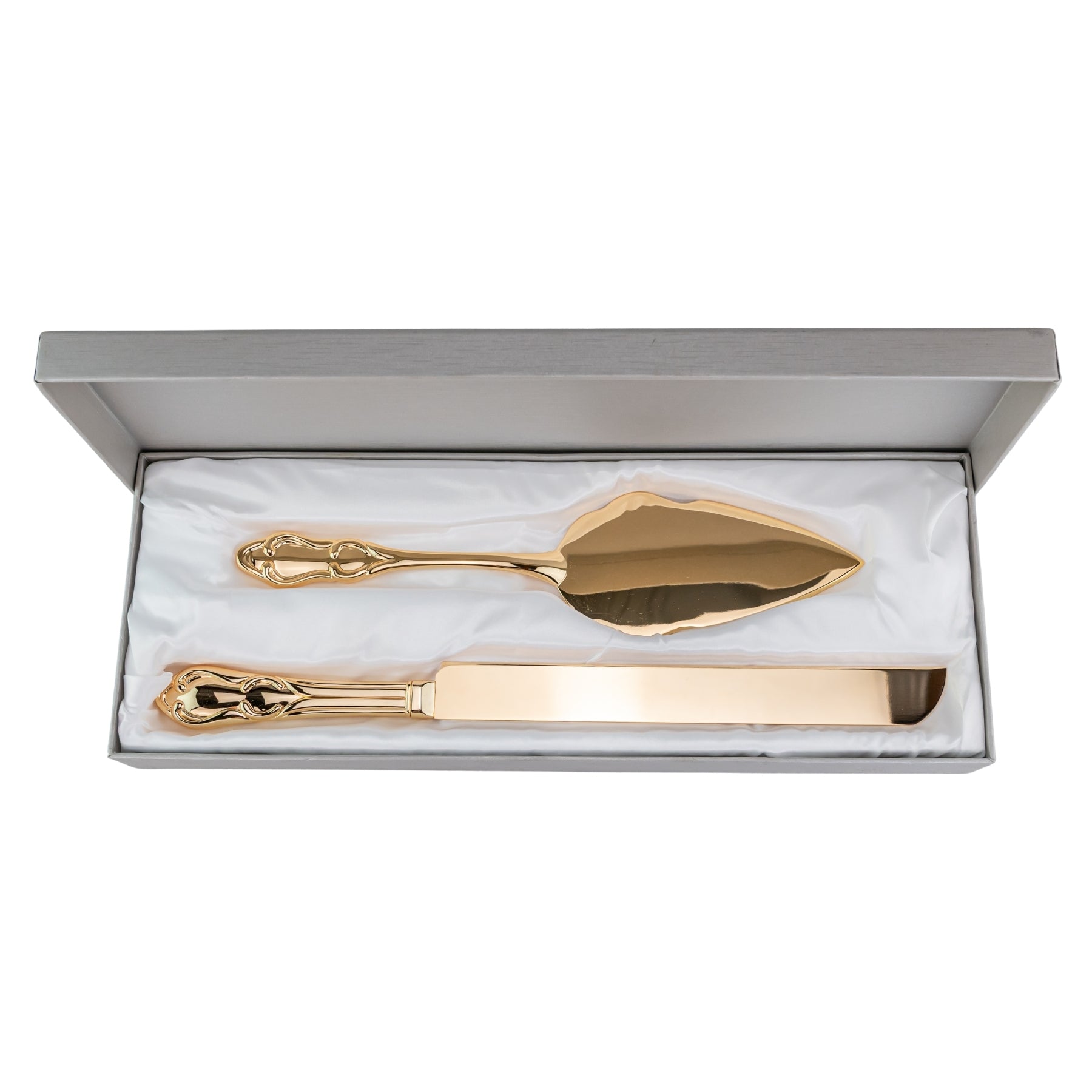 Gold Cake Cutting Set on a white background, wedding rentals in Wichita, Kansas - Picture Perfect Rentals