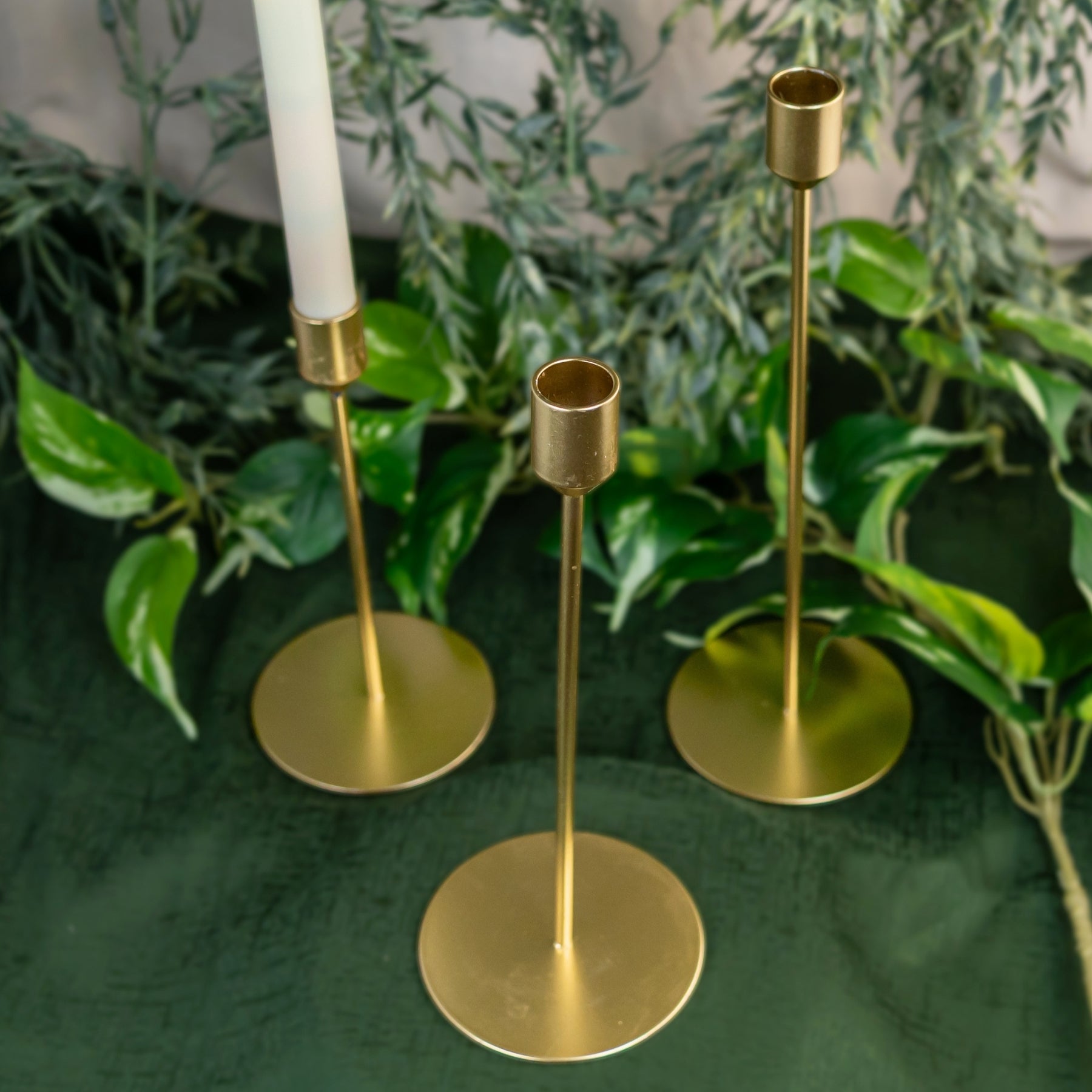 Gold Taper Candle Holders high angle photo wedding rentals in Wichita, Kansas - Picture Perfect  Rentals  