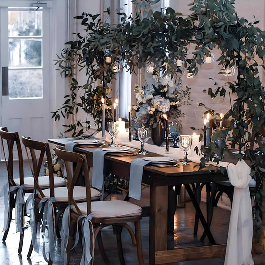 Over Head Table Rod Stand with Hanging Candles and Greenery Wedding Rentals - Picture Perfect Rentals