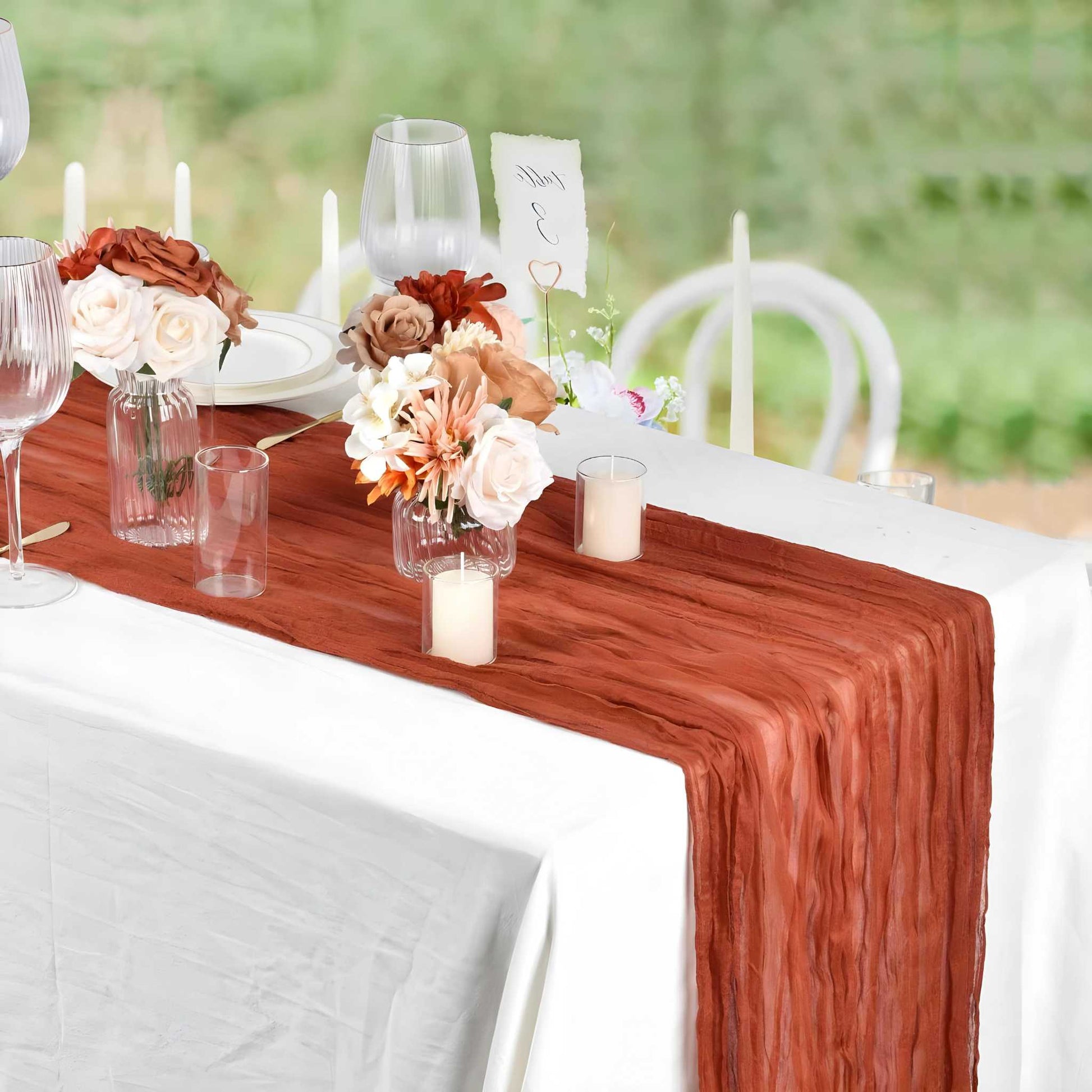 Rust Gauze Table Runners Event Rentals - Picture Perfect Rentals