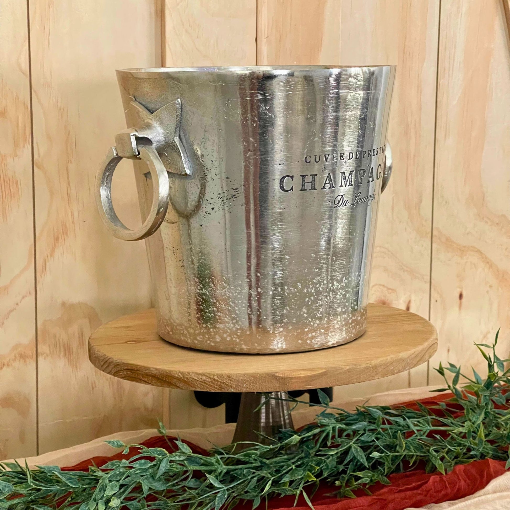 Silver Champagne Ice Bucket Skewed Angle for Rent in Wichita, KS - Picture Perfect Rentals