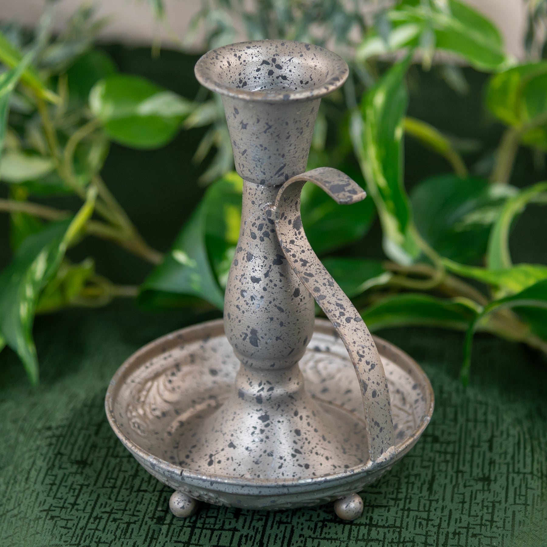 Vintage Taper Candle Holder on a green cloth high angle, wedding rentals in Wichita, Kansas - Picture Perfect Rentals 