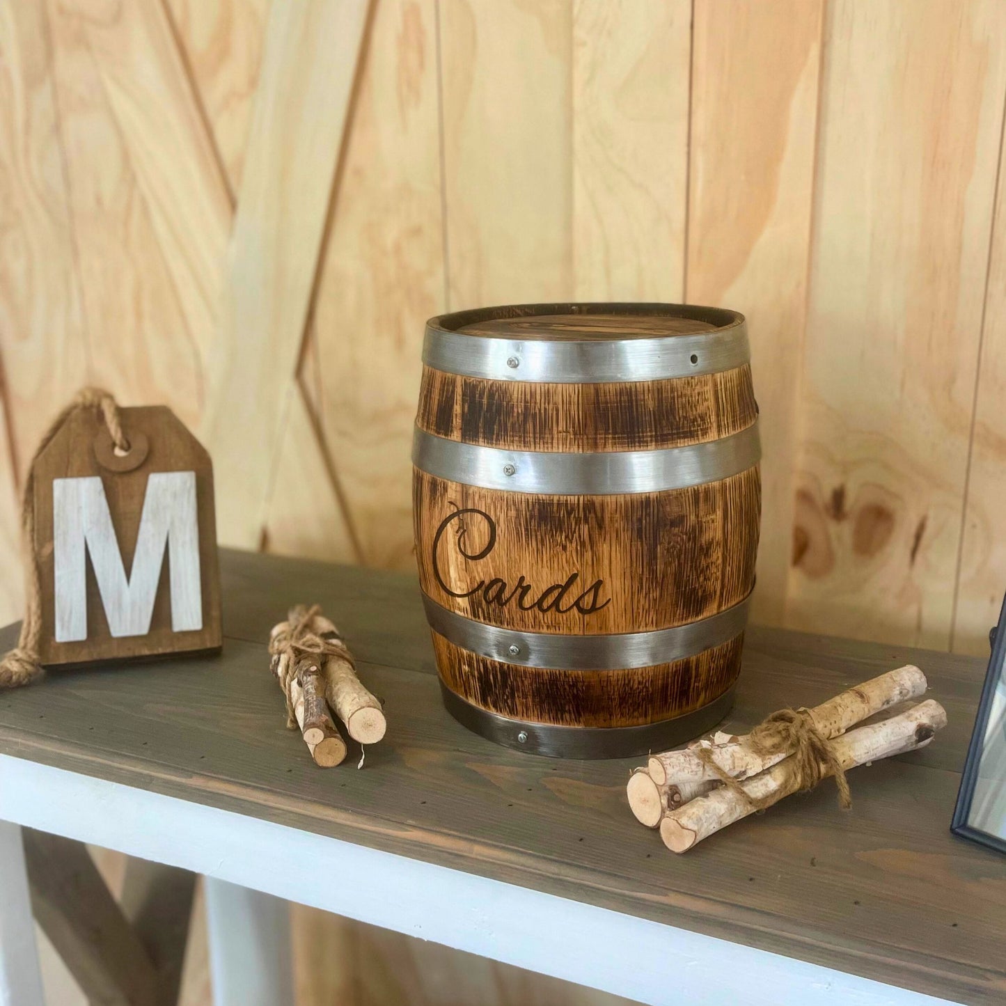 Whiskey Barrel Card Holder for Wedding Rentals - Picture Perfect Rentals