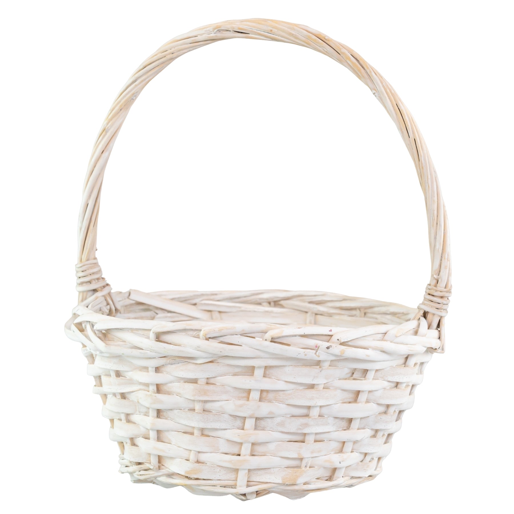 White Wicker Flower Girl Basket on a white background, wedding rentals in Wichita, Kansas - Picture Perfect Rentals 