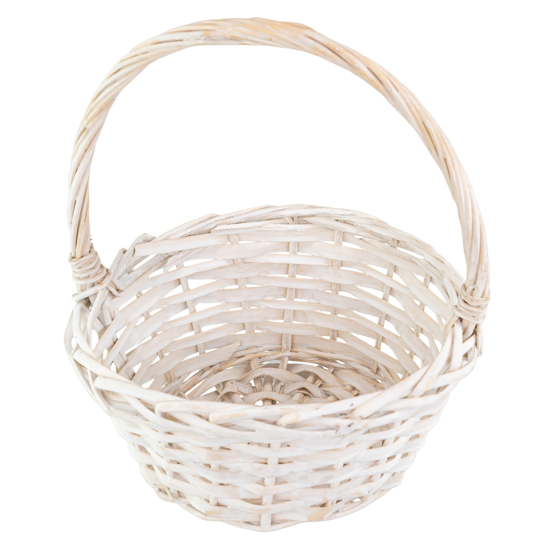 White Wicker Flower Girl Basket on a white background high angle, wedding rentals in Wichita, Kansas - Picture Perfect Rentals 