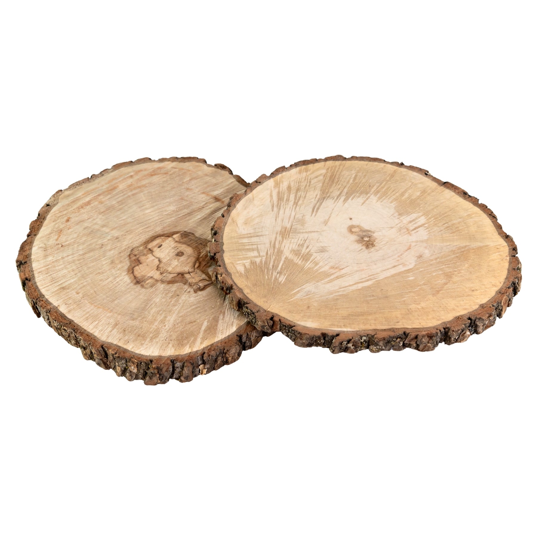 Wood Rounds stacked showcasing different wood cuts on a white background, wedding rentals in Wichita, Kansas - Picture Perfect Rentals 